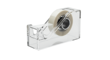 Close-up view of a transparent tape dispenser with adhesive tape, showcasing office supplies and stationery organization for a modern workspace