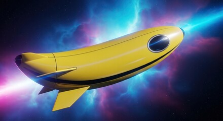 Whimsical banana spaceship hurtling through a colorful cosmic nebula landscape
