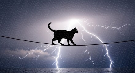 Acrobatic feline silhouette balancing amidst an electrifying thunderstorm at sea
