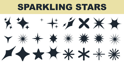 Collection of different vector sparkling stars icon, decorative twinkle and bursts forms, abstract shining flash symbols, glowing light effect, y2k style basic shapes geometric graphic elements 