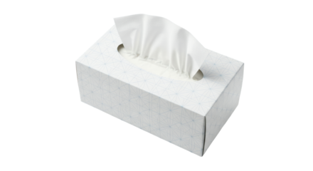 Angled view of a white tissue box with geometric pattern and a single tissue emerging provides a simple illustration for hygiene product promotions