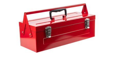 Vivid scarlet toolbox casting delicate shadow on a pristine backdrop, presenting a stark contrast and emphasizing its industrial utility
