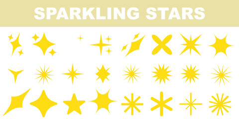 Collection of different vector sparkling stars icon, decorative twinkle and bursts forms, abstract shining flash symbols, glowing light effect, y2k style basic shapes geometric graphic elements 