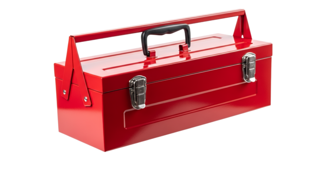 Vivid scarlet toolbox casting delicate shadow on a pristine backdrop, presenting a stark contrast and emphasizing its industrial utility