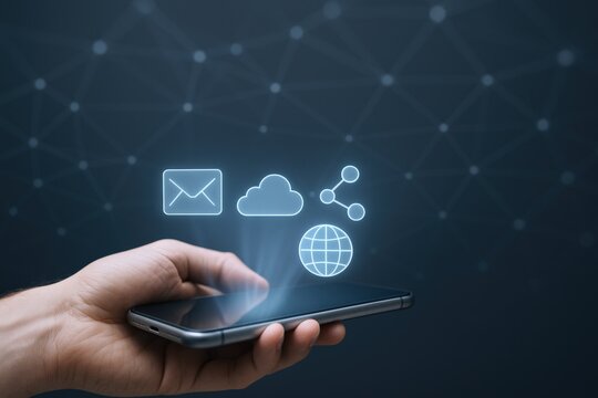 Digital Communication Concept: Hand Holding Smartphone with Email, Cloud, Share and Globe Icons Projecting Above
