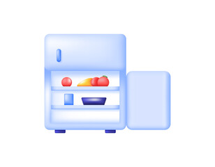 illustration of an open refrigerator containing food and drinks. food cooler. objects, goods, interiors, electronic devices or equipment, interiors, symbols. 3d style design. white background.