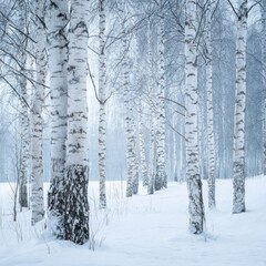 Fototapeta premium Birch trees in a snowy forest with bare branches and white trunks winter