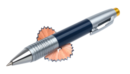 A close-up illustration of a pen, with shavings, isolated on a black background