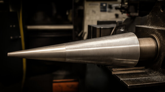 mandrel. A conical metal lathe mandrel rotating with an unfinished tube sleeve fitted over it. safety posters, maintenance manuals, designed for precision metalworking and fabrication facilities.