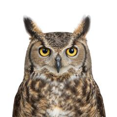 Naklejka premium Close-up portrait of a majestic great horned owl with intense yellow eyes against a black background