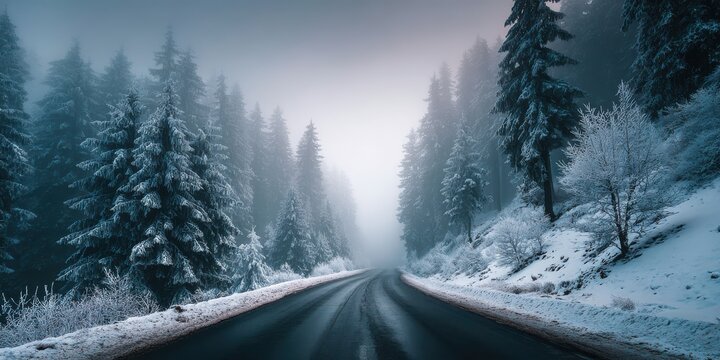 Winding asphalt road through snow covered pine forest in fog curve
