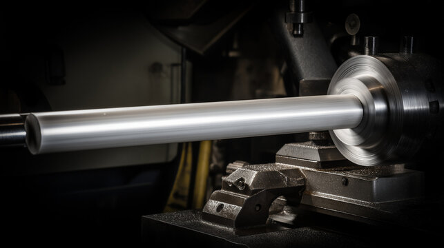 mandrel. A conical metal lathe mandrel rotating with an unfinished tube sleeve fitted over it. safety posters, maintenance manuals, designed for precision metalworking and fabrication facilities.