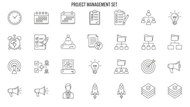 Collection of project management icons representing planning, strategy, teamwork, and execution