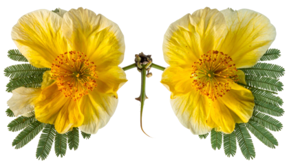 Symmetrical close-up of two bright yellow flowers, green leaves, and a central stem