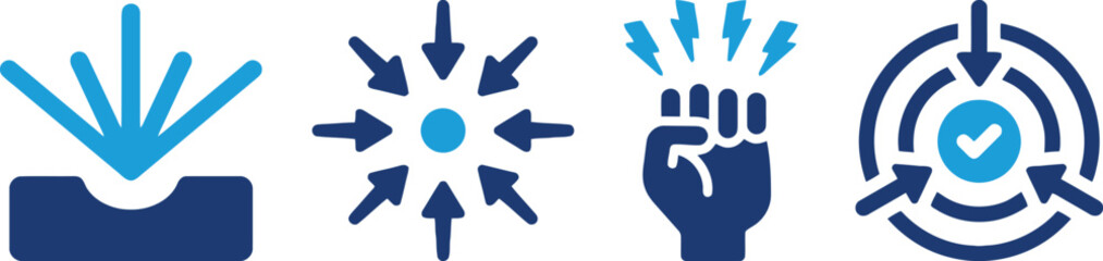impact, convergence, power, target, focus, goal, success, achievement, fist, lightning, arrows, center, direction, icon, symbol, graphic, design, illustration, vector, isolated, white background, blue