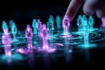 Human Resources: Digital Interface Displaying Employee Selection Process with Futuristic Holographic Figures, Showing Talent Acquisition and Recruitment