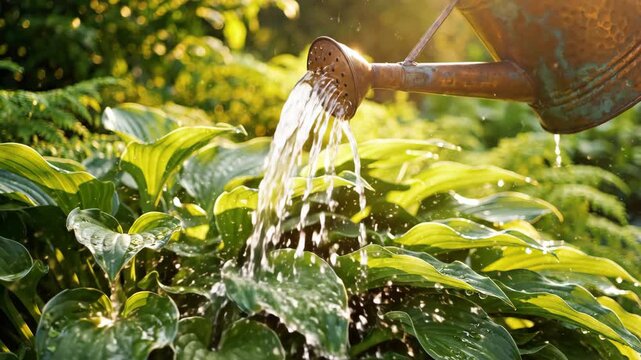 Gardener waters plants with a vintage watering can in lush green garden sunlight