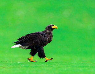 Obraz premium Large dark bird with striking features walking on bright green grass