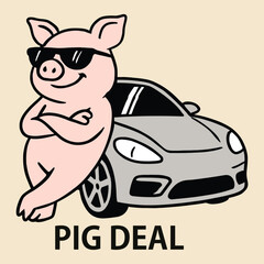 Pig Deal Pun Funny Cartoon Mascot with Luxury Vehicle and Attitude