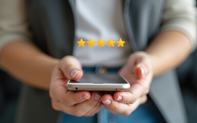 Close up of woman customer giving a five star rating on smartphone. Review, Service rating, satisfaction, Customer service experience and satisfaction survey concept.. High quality