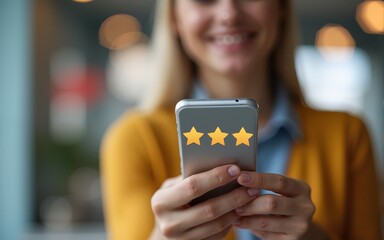 Close up of woman customer giving a five star rating on smartphone. Review, Service rating, satisfaction, Customer service experience and satisfaction survey concept.. High quality
