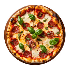 Whole Delicious Pepperoni Pizza with Melting Cheese and Fresh Basil Leaves Isolated on White for Italian Food Menu and Delivery Flyers