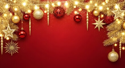 Festive Christmas Border with Golden and Red Ornaments