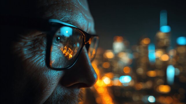 Contemplative man wearing glasses gazes at a vibrant city skyline at night, reflecting ambition and vision