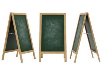 Three identical a-frame chalkboards with natural oak wood frames and dark forest green surfaces, subtle chalk residue, against a transparent studio background. Concept of versatile display tools