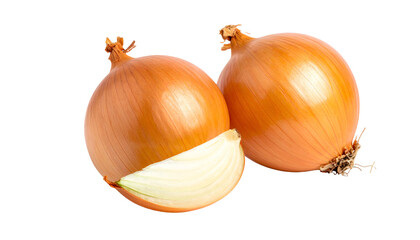 Fototapeta premium Two whole bulb onions, one sliced, with a brown outer layer, isolated on black