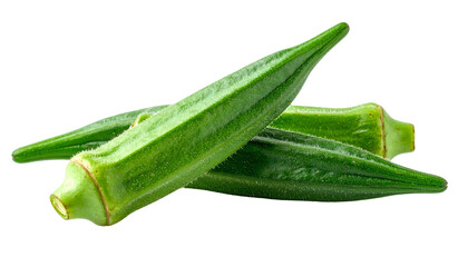 Three vibrant green okra pods, arranged, against a black background, with natural textures