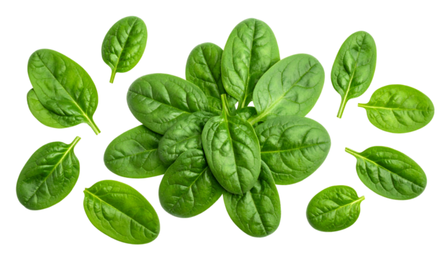 Fresh, vibrant green spinach leaves arranged artistically on a transparent background