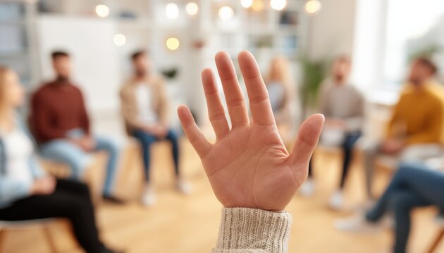 Support group session with raised hand, people sitting in circle, focus on the hand, community - Powered by Adobe