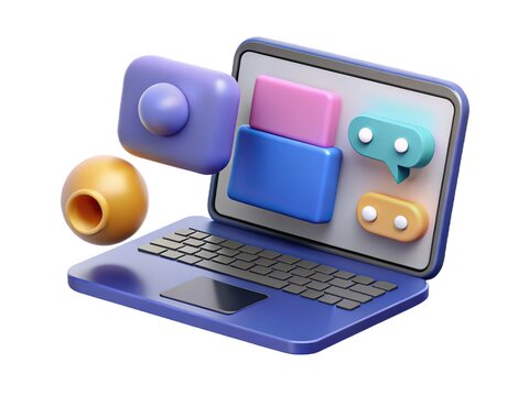 3d laptop with colorful app icons and camera accessory