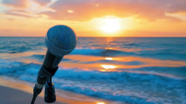 Microphone on stand against beach sunset backdrop
