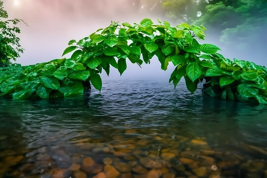 Lush green foliage forms a natural archway over a clear rippling stream with visible pebbles on the riverbed creating a serene and tranquil natural landscape - Powered by Adobe