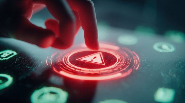 Finger pressing a digital warning button, showcasing cybersecurity alert, vulnerability, and information technology risks