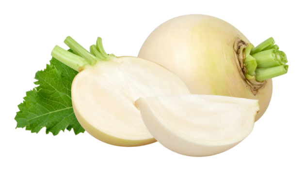 Close-up studio shot of a white root vegetable, sliced open with green leafy accents