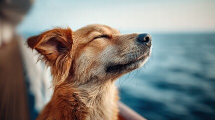 Obraz premium Happy dog enjoying the sea breeze with eyes closed on a sunny day.
