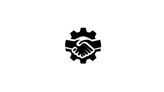 Black and white illustration of two hands shaking inside a cogwheel on a white background