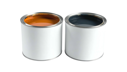 Two open metal containers filled with contrasting vibrant shades of paint, isolated on black
