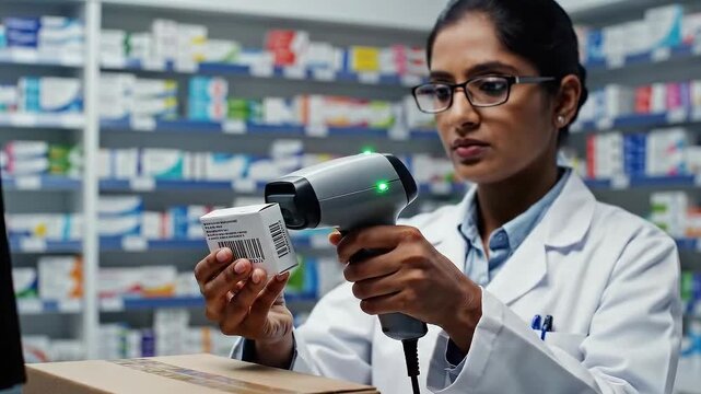 Professional pharmacist using scanner for medication inventory in a drugstore