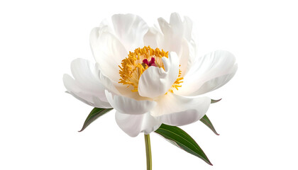 Obraz premium Close-up of a single, vibrant white flower with a yellow center and green leaves