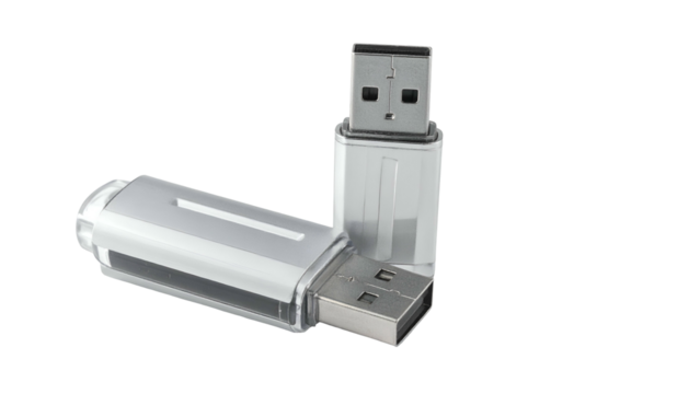 Two silver USB flash drives, one upright, the other on its side, against a black background