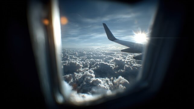 Aerial View from Airplane Window of Clouds and Wing on a Sunny Day Sky