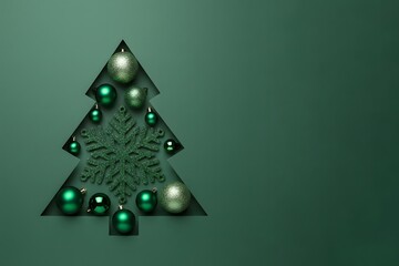 A vertical stylized green Christmas tree cutout with  green ornaments creates a festive holiday card design for Merry Christmas and New Year. Modern, bold and decorative.