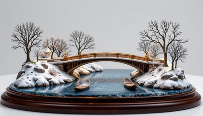 premium snowy bridge over river with rotating inner scene, polished resin base base, showing delicate craftsmanship, isolated on pure white background, ultra sharp, minimal to no shadow.
