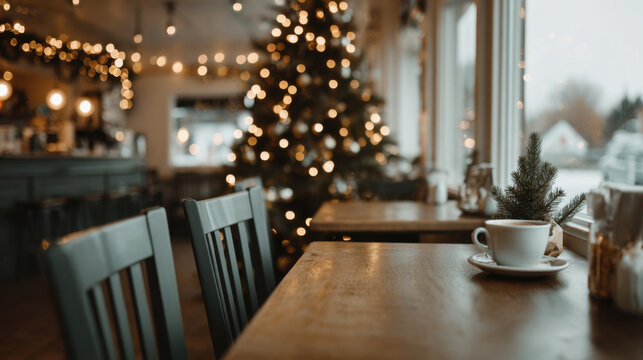 Cozy café table with a cup of coffee by a window overlooking snowy streets, warm lights and a Christmas tree glowing in the background - Powered by Adobe
