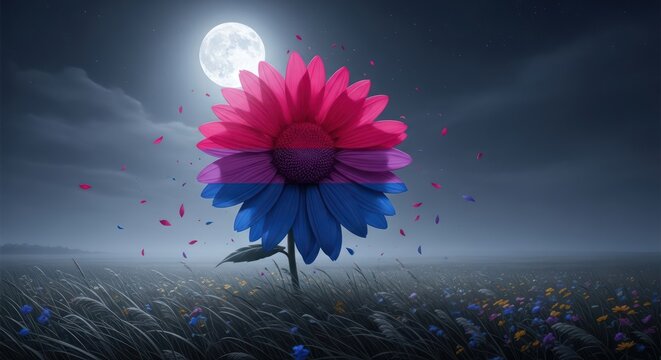 Bisexual pride inspired floral artwork against moonlight meadow dreams twilight serene