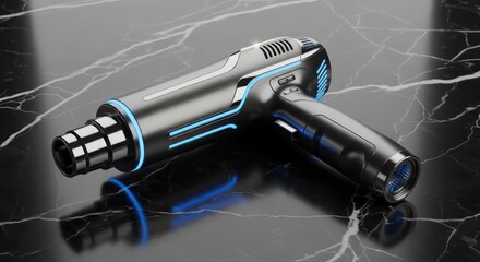 Futuristic metallic device with luminous blue accents on marble surface aesthetic